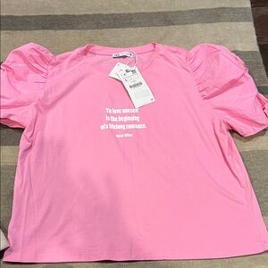 Zara Pink T-Shirt with Quote and Puff Sleeves
